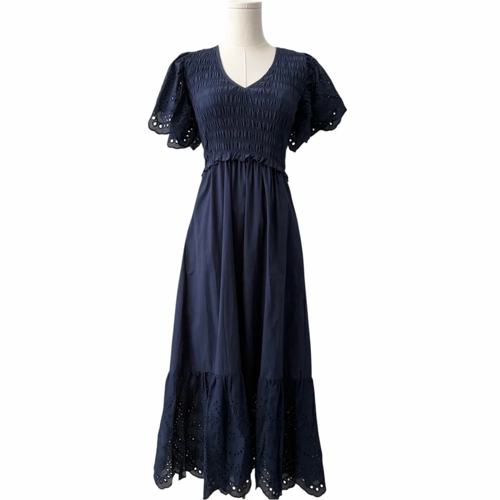 Deluc Avis Smocked Midi Dress Blue Embroidered Ruffle Pockets NWT M - Picture 4 of 14